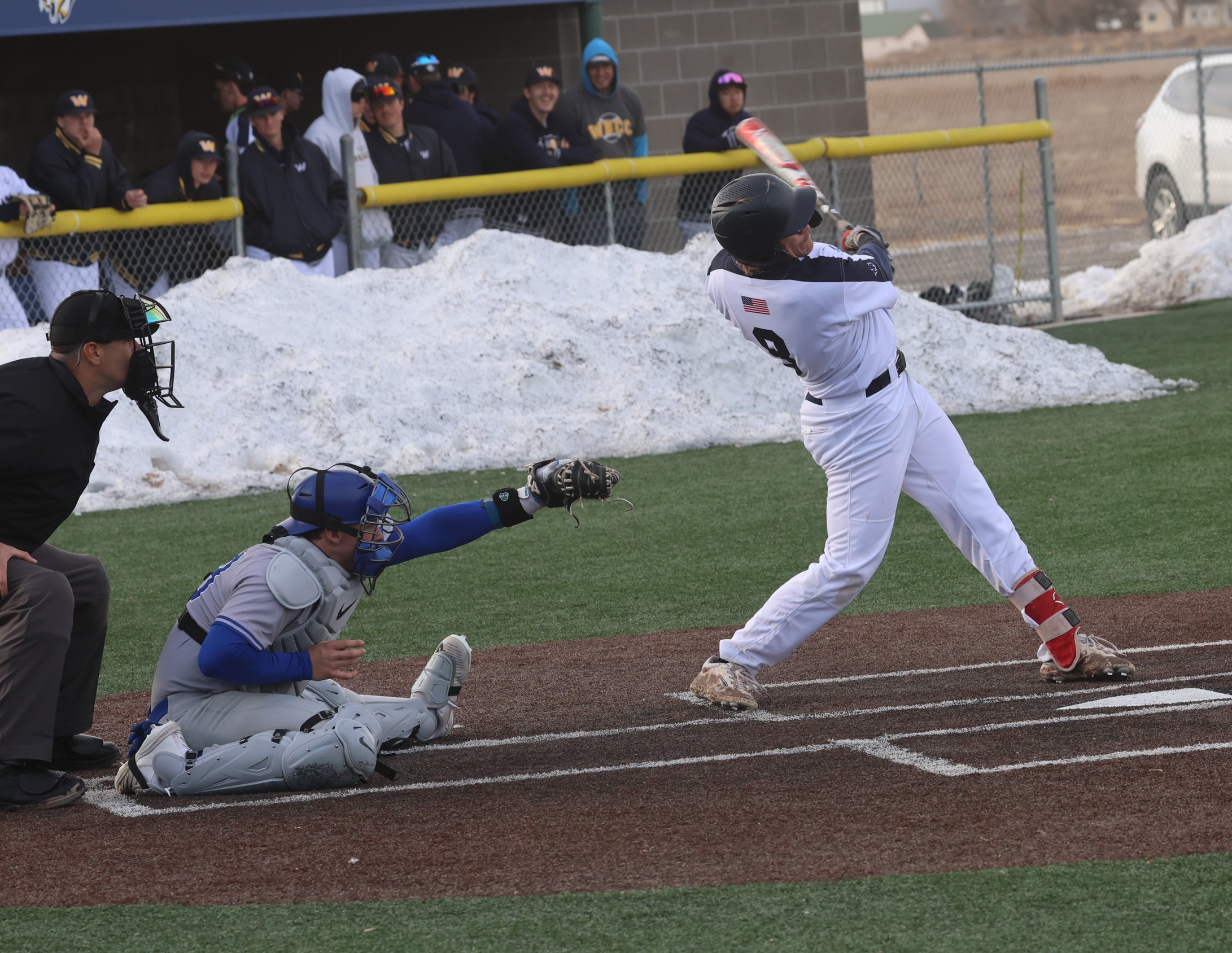 Matt Levesque makes contact with a pitch during a doubleheader with Miles on Sunday at Cleveland Field.