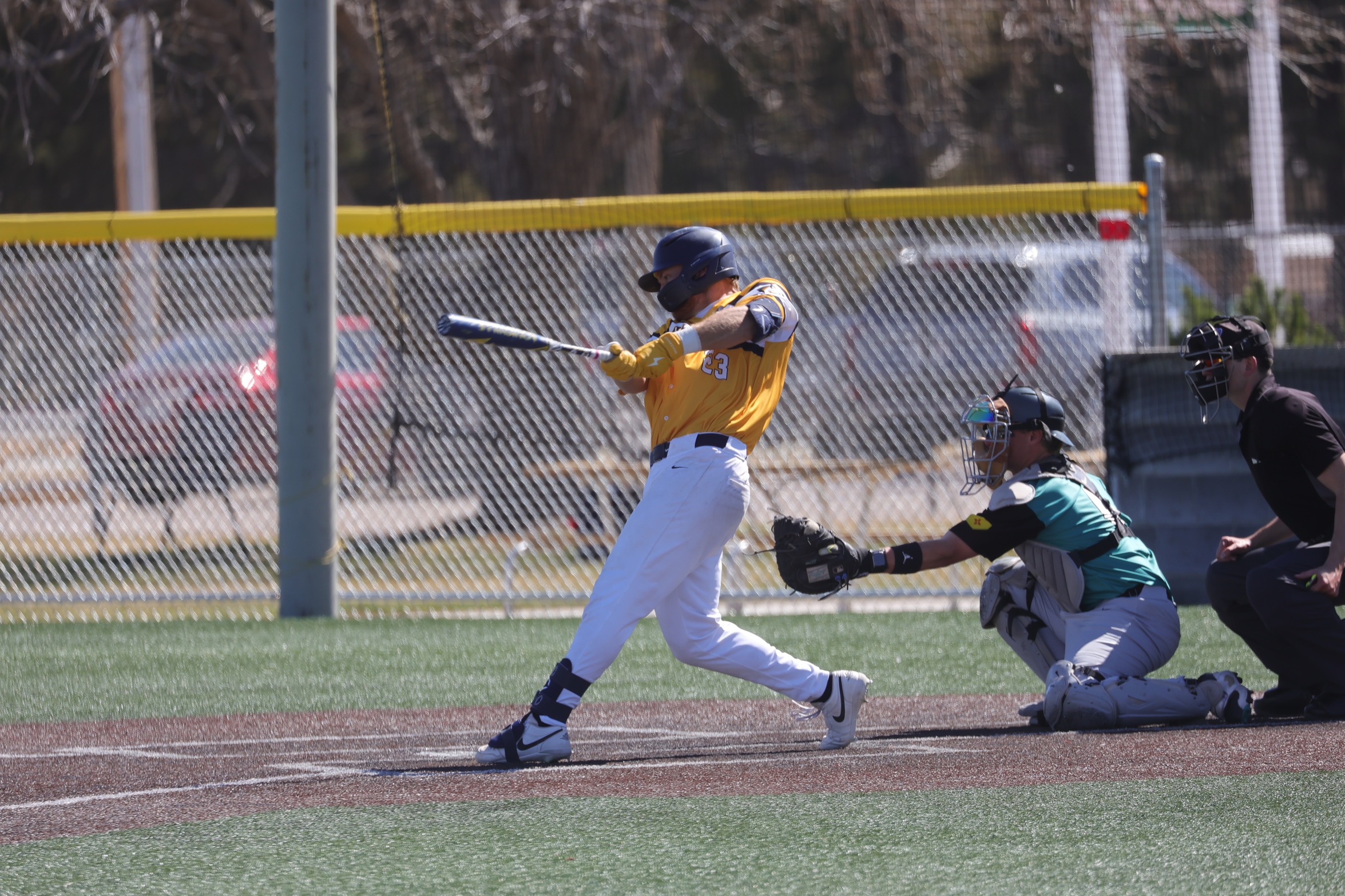 Austin Cooper hammers the first to two home runs in game one against Luna Community College on Saturday at Cleveland Field.