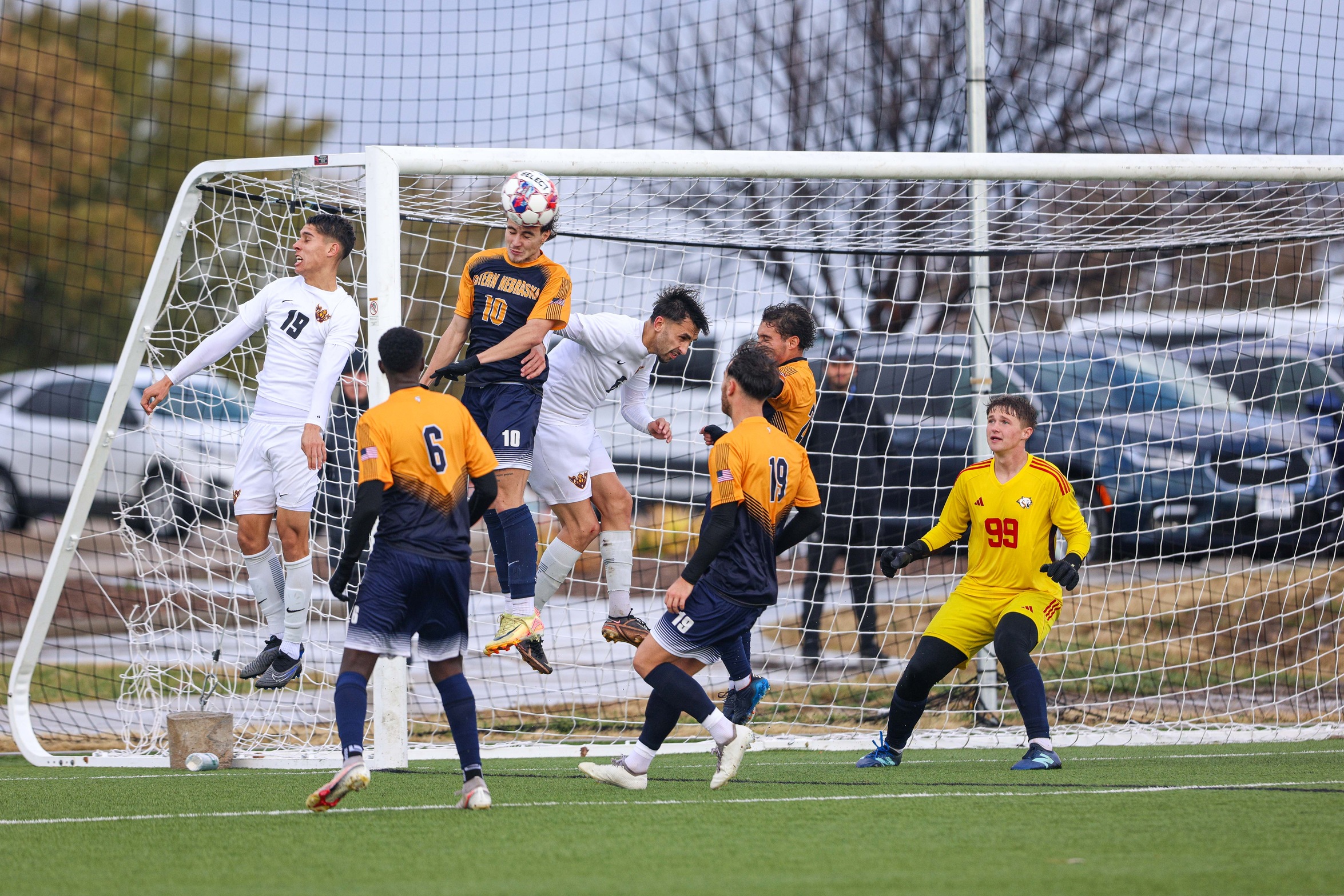 WNCC's Eduardo Oliveira goes up for a header against Indian Hills on Monday. (photo courtesy of NJCAA)