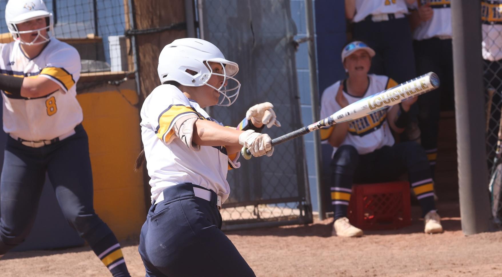 Mykah Klumpp's home run in the game against NJC on Friday at Volunteer Field. Klumpp had a seventh-inning-tying 2-run home on Monday in Sterling. WNCC won both games 3-0 and 4-3.