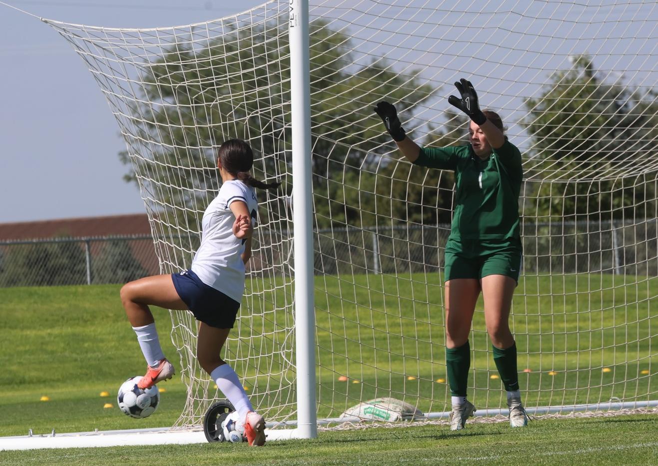 WNCC's Allison Herbel takes a shot on goal close to the net, but the ball couldn't get by the Otero goalkeeper.