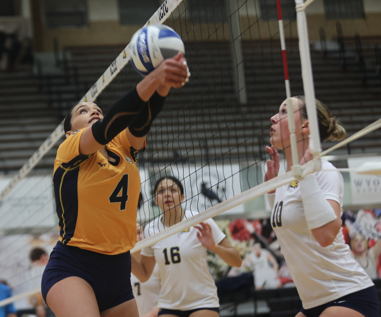 Shanelle Martinez digs a ball by the net in their game with LCCC on Tuesday.