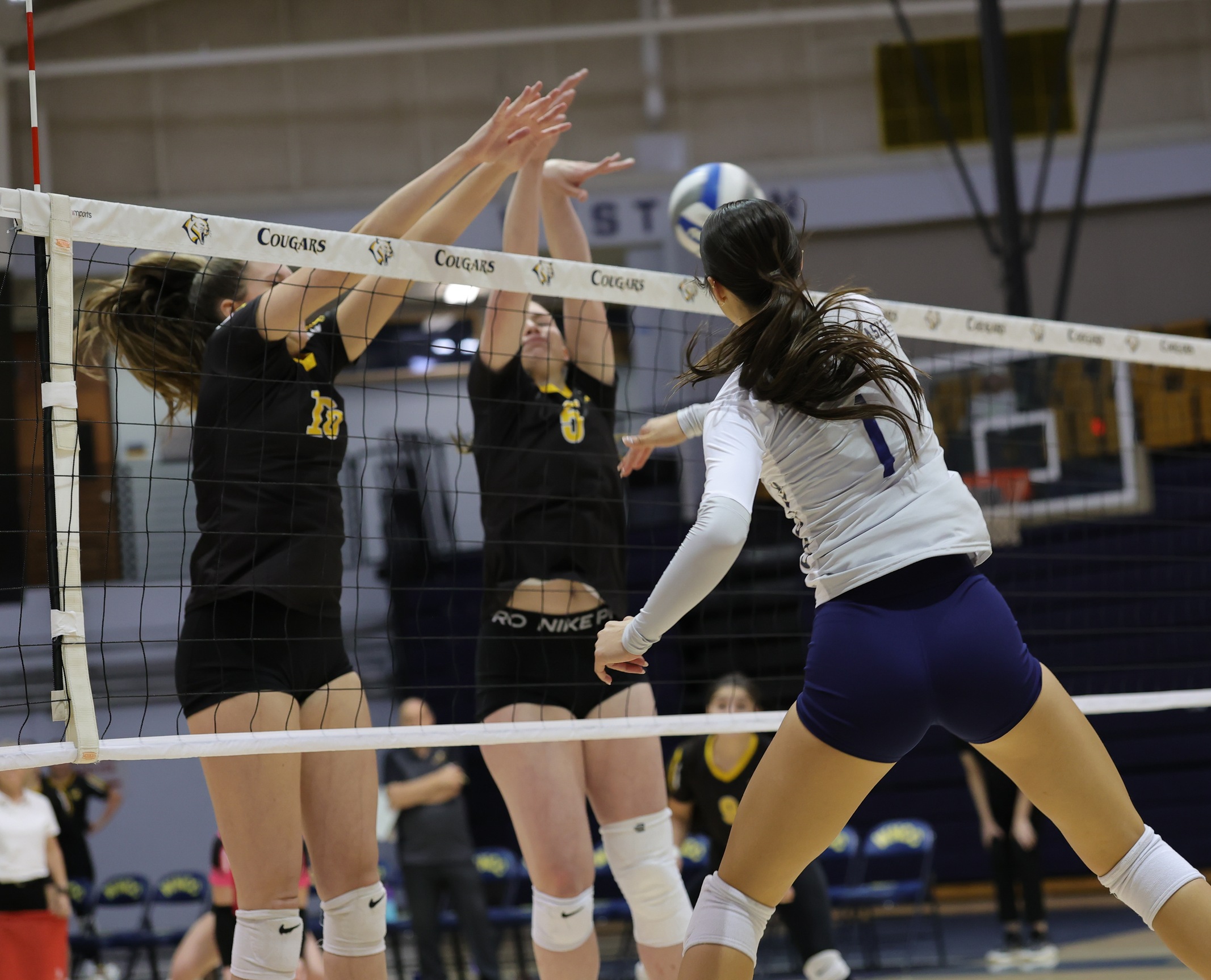 WNCC's Anika Davison hits the ball past two EWC blockers in the fourth set on Tuesday. WNCC won in five sets, capturing the fifth set 15-4.